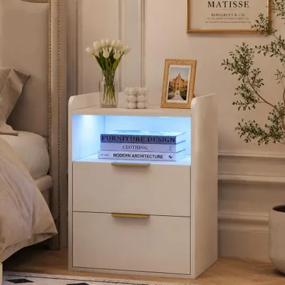 Productafbeelding van INONEFT Nachtkastje, 40 x 40 x 60 cm, moderne opbergkast met LED-verlichting en USB-poort, minimalistisch design met 2 lades, geschikt voor de slaapkamer, wit