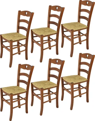 Image de t m c s Tommychairs - Lot de 6 chaises CUORE pour la cuisine et la salle à manger, structure robuste en bois de hêtre laqué dans la teinte brun noyer clair et assise en paille