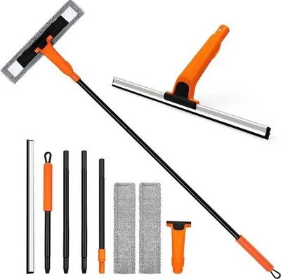 Obrázek produktu pro Uniqoos® Čistič oken s teleskopickou tyčí 152 cm – Profesionální sada 2 v 1, obsahující stírací gumovou lištu a 2 utěrky z mikrovlákna, vhodná pro čištění vysokých oken, automobilů a dveří