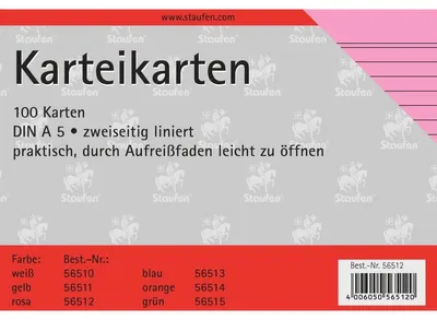 Produktbild von Karteikarten A5 180g/qm liniert rosa VE=100 Stück