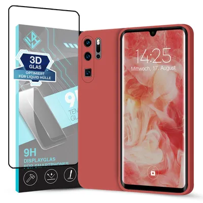 Produktbild von Hülle für Huawei P30 Pro mit 9H Displayglas Displayschutz Case Cover Bumper Smartphone Softgrip Schutzhülle Farbe: Rot