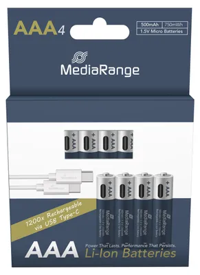 Obrázok produktu pre MediaRange MRBAT160, Nabíjateľná batéria, AAA, Lithium-ion (Li-ion), 1,5 V, 4 kusov, 500 mAh