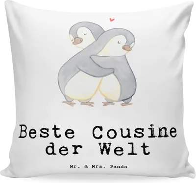 Produktbild von Mr. & Mrs. Panda Dekokissen Pinguin Beste Cousine der Welt - Weiß - Geschenk, couch kissen, kuschelkissen 40x40, Sofa, Kousine, Verwandtschaft, Geschenkidee, Familie