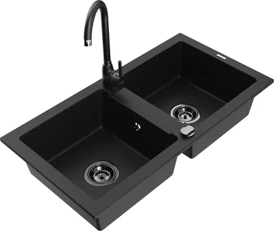 Produktbild von Mexen Mario 2-Becken-Granitspüle mit Mischbatterie Telma, Schwarz - 6504-77-670200-70-B