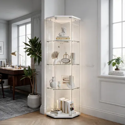 Produktbild von INONEFT Glasvitrine Standvitrine mit LED, Fünfeckiger Vitrinenschrank Eintürig 4 Etagen, Abnehmbare Hartglas Glastrennwand, 162x60x40 cm, Weiß