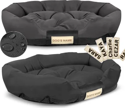 Two dog beds are shown, one above the other, with a close-up of water droplets on fabric and personalized name tags.