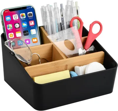 Image de Organisateur de bureau en bambou, avec 5 compartiments modulables, un porte-stylos, idéal pour le bureau