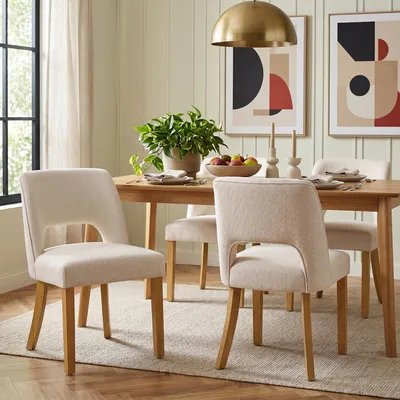 Produktbild von 4 Esszimmerstühle aus Leinenstoff mit Massivholzbeinen, beige, bequem & atmungsaktiv, moderner Stil für Esszimmer, Wohnzimmer & Cafés