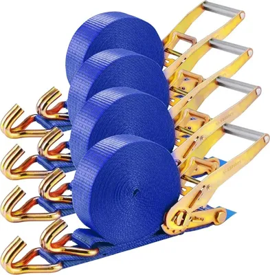 Image de Sangle d'arrimage - Sangle de serrage à cliquet avec double crochet en J - 9 m x 50 mm - charge de rupture 5.000 kg - acier inoxydable - lot de 4 - bleu