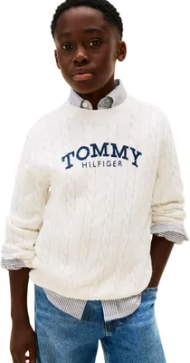 Obrázek produktu pro Tommy Hilfiger Logo Cable Knit Jumper, Dětský, Slonovinová, 1.5-2Y, Regular fit, Kulatý límec, Bavlna