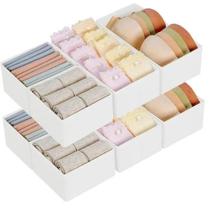 Productafbeelding van Opbergdozen set van 8, wit, van stof, inklapbaar, voor kledingkast, broeken, kleding