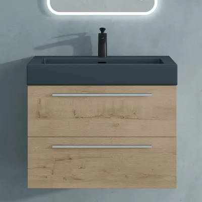Produktbild von Mai & Mai Badmöbelset Komplett Set Waschbeckenunterschrank 73cm Unterschrank in Eiche Greige mit Waschschbecken aus Mineralguss Quadratto