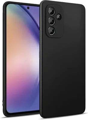 A black smartphone case is shown next to a smartphone.