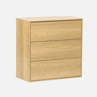 A three-drawer wooden chest of drawers against a plain background.