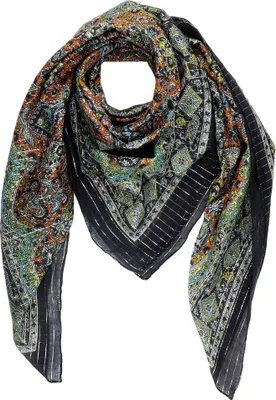 Produktbild von Baumwollschal mit indischem Blumenmuster 03, schwarz mit silbernem Lurex, quadratischer Stoff