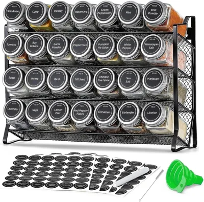 Produktbild von 28er Set 4-stufiges Metall Gewürzregal Stehend mit 28 Gewürzgläser - Gewürzständer, Gewürzdosen, 180 Etiketten, Trichter, Schwarz