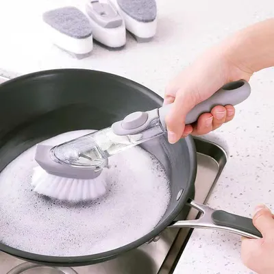 Obrázek produktu pro Kartáče na nádobí s dlouhou rukojetí – kuchyňské kartáče na mytí nádobí a dávkování mýdla – multifunkční kuchyňské kartáče – mytí nádobí, kartáč na nádobí
