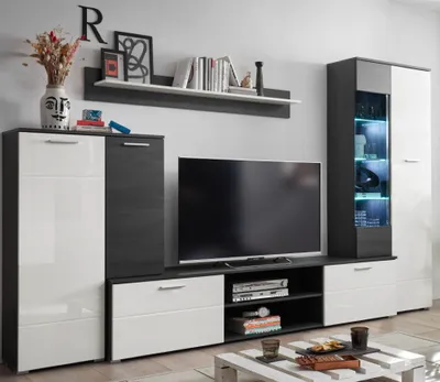 Produktbild von Wohnwand Anbauwand hochglanz weiss - (4427)