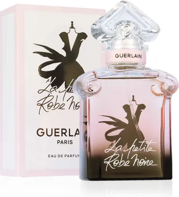 A bottle of Guerlain La Petite Robe Noire Ma Première Robe Eau de Parfum for women and its packaging.