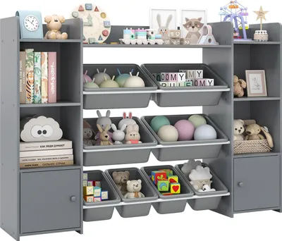 Image de COSTWAY Étagère en bois pour enfants à 4 étages, armoire à jouets avec 8 boîtes, 2 bancs et étagères, étagère à livres pour enfants, organisateur de jouets pour la salle de jeux Gris