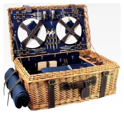 Produktbild von Picknickkorb Wicker und Leder Champs-Elysees Blau - Für 4 Personen - Isolierfach - Porzellanteller und Weingläser - 57 x 37 x 23 cm