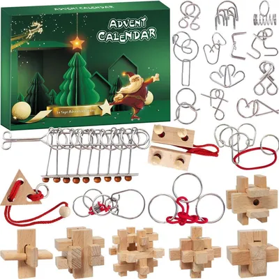 Produktbild von Adventskalender Knobelspiele 2025 für Kinder & Erwachsene, 24 Tage, Metall & Holz IQ Puzzle, Blau