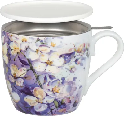 Produktbild von KÖNITZ 115S572929 Becher Purple Blossoms 425 ml mit Sieb und Deckel, Bone China Porzellan