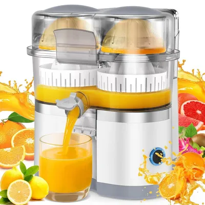 Produktbild von Elektrische Zitruspresse Doppelkopf 150W, Saftpresse mit Integriertem Fruchtschneider, Schnellentsafter für Orange Zitrone Grapefruit, Edelstahl