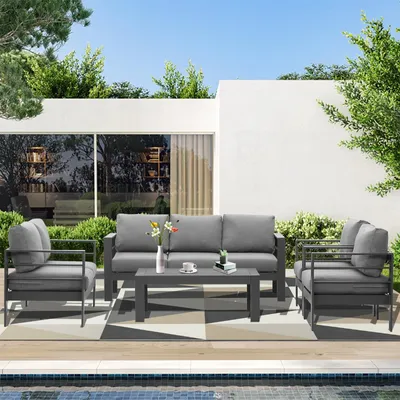 Produktbild von MeXo Gartenmöbelset, Loungeset Aluminium für 6-7 Personen mit Kissen und Couchtisch Indoor Outdoor Balkon grau (Sitzgruppe, Aluminiumrahmen)