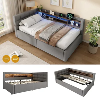 Obrázok produktu pre Postel 90 x 200 cm s hydraulickým úložným priestorom, stmívateľnou LED, USB portom a otvorenými policami, materiál: ľan/MDF, farba: sivá, bez matraca