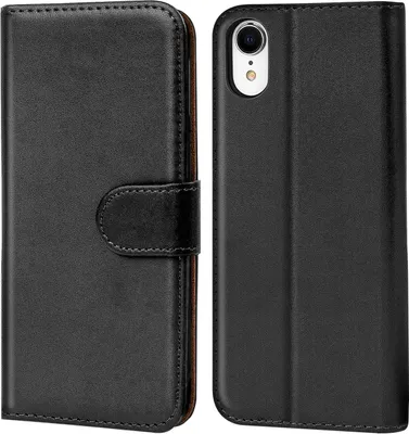 A black flip case for an iPhone XR is shown from the front and back.