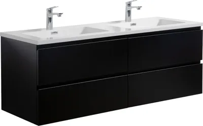 Image de Ensemble de meubles de salle de bain Badplaats avec lavabo et meuble sous lavabo Angela 140 x 48 cm noir mat - Meuble sous lavabo avec fermeture douce et double lavabo, pré-assemblé