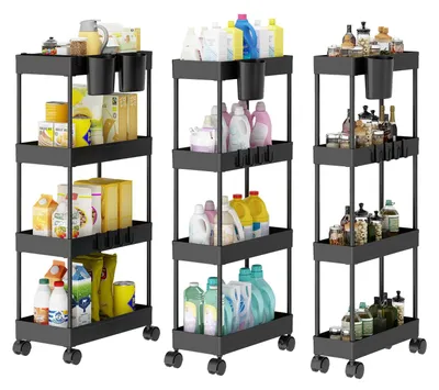 Image de Chariot de rangement à 4 étages avec roulettes, peu encombrant, étroit, mobile, chariot multifonction minimaliste pour la salle de bains et la cuisine, noir