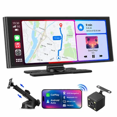 Image de Écran sans fil Carplay de 10,26 pouces pour Apple CarPlay et Android Auto. Autoradio Carplay portable avec caméra de recul IP67, GPS et Bluetooth, compatible Mirror Link