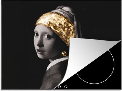 Produktbild von KitchenYeah© Herdabdeckplatte Mädchen mit Perlenohrring - Vermeer - Schwarz - Weiß - Gold , 75x52cm, Küche Deko, Glaskeramikkochfeld Herdabdeckung, Abdeckplatte fùr Kochfeld