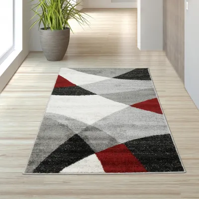 Produktbild von Moderner Teppich mit geometrischen Muster grau rot Größe - 80x140 cm