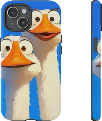 Produktbild von Zwei lustige Gänse mit großen Augen auf blauem Hintergrund – Hülle Kompatibel mit iPhone 15