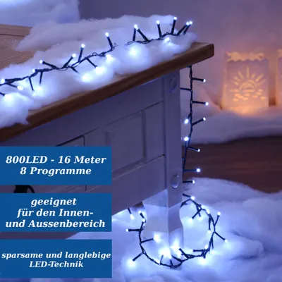 Produktbild von 800 LED Lichterkette 16m kaltweiß mit Timer und 8 Programmen 16m für innen und aussen