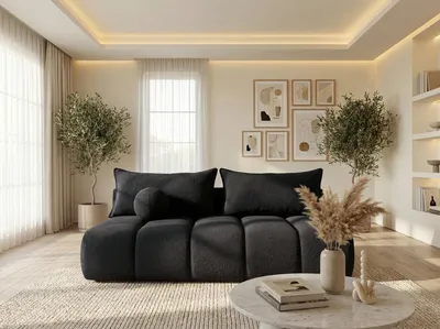 Produktbild von Schlafsofa mit Bettkasten – 3-Sitzer Sofa Couch mit Schlaffunktion, Bettfunktion – Skandinavische Polstercouch im modernen Design – Weicher Bouclé, Bouclestoff – Schwarz