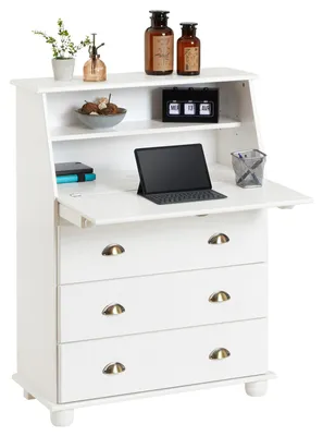 Produktbild von Sekretär GOMES aus Massivholz, Weiß - Schreibsekretär mit Klappe und Schubladen mit Muschelgriffen, Kiefer Massivholz, Landhausstil für Büro und Wohnzimmer