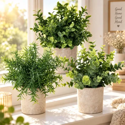 Produktbild von Kunstpflanzen im Topf 25 cm 3er Set, Künstliche Pflanzen Grün, Kleine Deko Pflanzen für Wohnzimmer Büro Bad Regal Fensterbank
