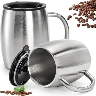Produktbild von Lawei 2 Stück Edelstahl Kaffeebecher 400ml Campingtasse Isolierbecher Edelstahlbecher Thermobecher Kaffeetasse mit Deckel für Reise Getränke Kaffee Tee Wein