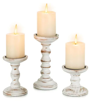 Produktbild von Kerzenständer aus Holz im Landhausstil: 3er Set für Stumpenkerzen, Tischdeko und Fensterbank
