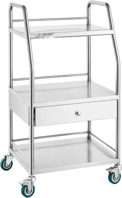 Image de Chariot pour laboratoire dentaire - Chariot de service en acier inoxydable avec 3 niveaux et 1 tiroir - Chariot de laboratoire pour la technique dentaire