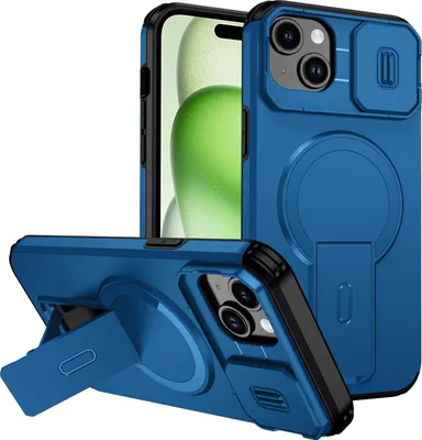 Image de Étui magnétique pour iPhone 15 Plus/iPhone 14 Plus, étui durable double couche avec protection coulissante de l'appareil photo et support réglable Bleu