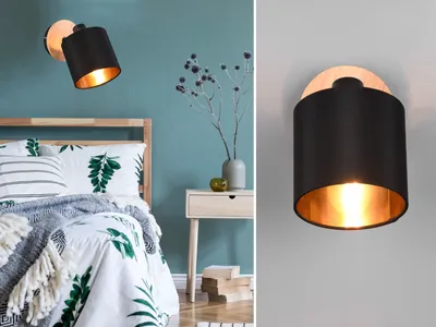 Produktbild von LED Wandspot mit Stoff Lampenschirm in Schwarz/Gold - schwenkbarer Wandstrahler