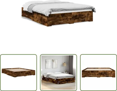 Produktbild von The Living Store Bettgestell mit Schubladen Räuchereiche 140x200cm Holzwerkstoff