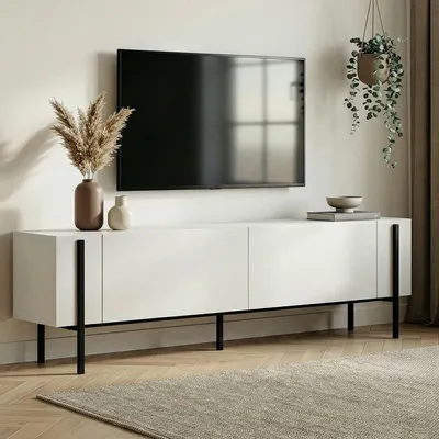 Produktbild von Skye Decor, Hochwertiger TV-Ständer, 180 x 30 x 45 cm, Weiß und Schwarz | 100% melaminbeschichtete Spanplatte, 18 mm dick | Metallbeine, modernes Design für Ihr Zuhause.
