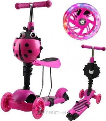 A collage of a pink ladybug-themed 3-in-1 scooter for children, showing different configurations and a close-up of a light-up wheel.