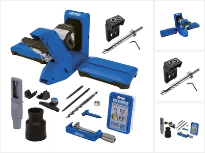 Obrázek produktu pro Přípravek na vrtání kapesních otvorů KREG 720 PRO ( KPHJ720PRO ) + šablona na vrtání hmoždinek + základní stanice + stupňovitá vrtačka + vrták + šrouby.